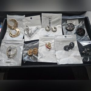 Lot Of 9 Fashion Jewelry Earrings Goldtone, Silvertone, Wood. Hoops And More